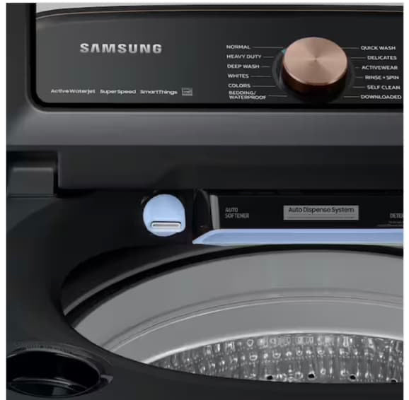 🔥HOT DEAL ★ Samsung Open Box 5.5 cu. ft. Smart High-Efficiency Top Load Washer with Impeller and Auto Dispense System and 7.4 cu. ft. Smart High-Efficiency Vented GAS Dryer with Steam Sanitize+ in Brushed Black WD816