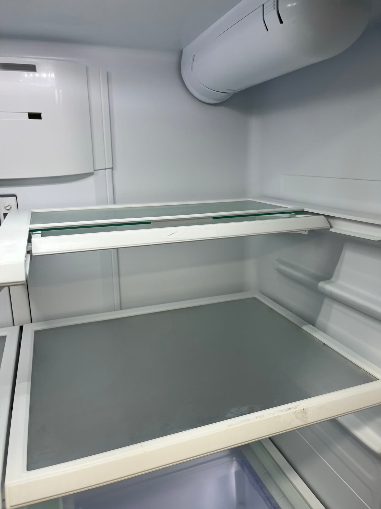 ^ Item: #RF28S GE french door countrr depth refrigerator slate stainless steel w/ ice and water dispenser inside 33” in