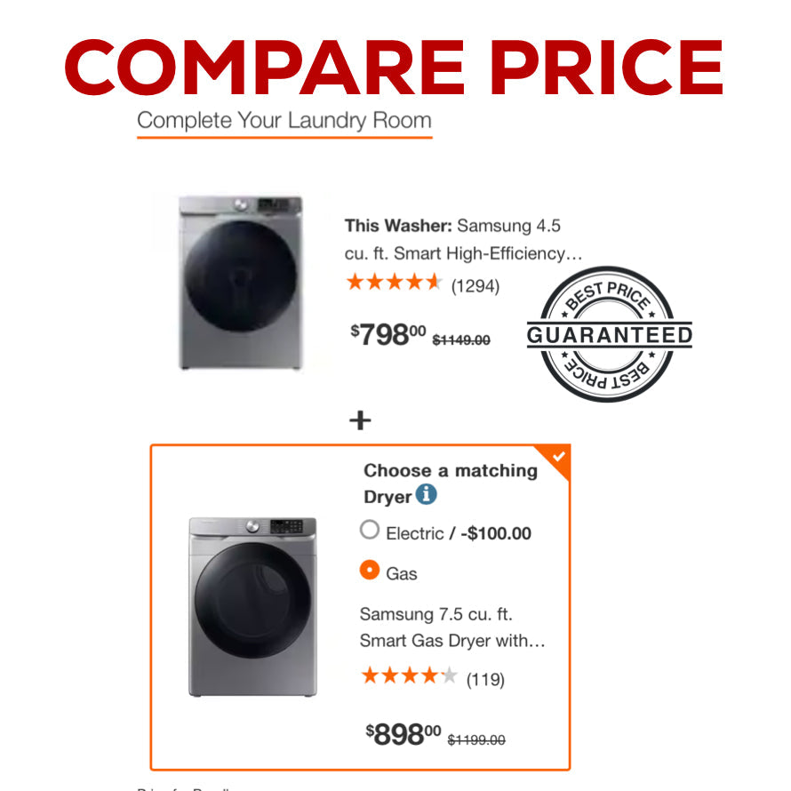 ★ Samsung Open Box 4.5 cu. ft. Smart High-Efficiency Front Load Washer with Super Speed & 7.5 cu. ft. Smart Stackable Vented GAS Dryer with Steam Sanitize+ in champagne 27 in WD739