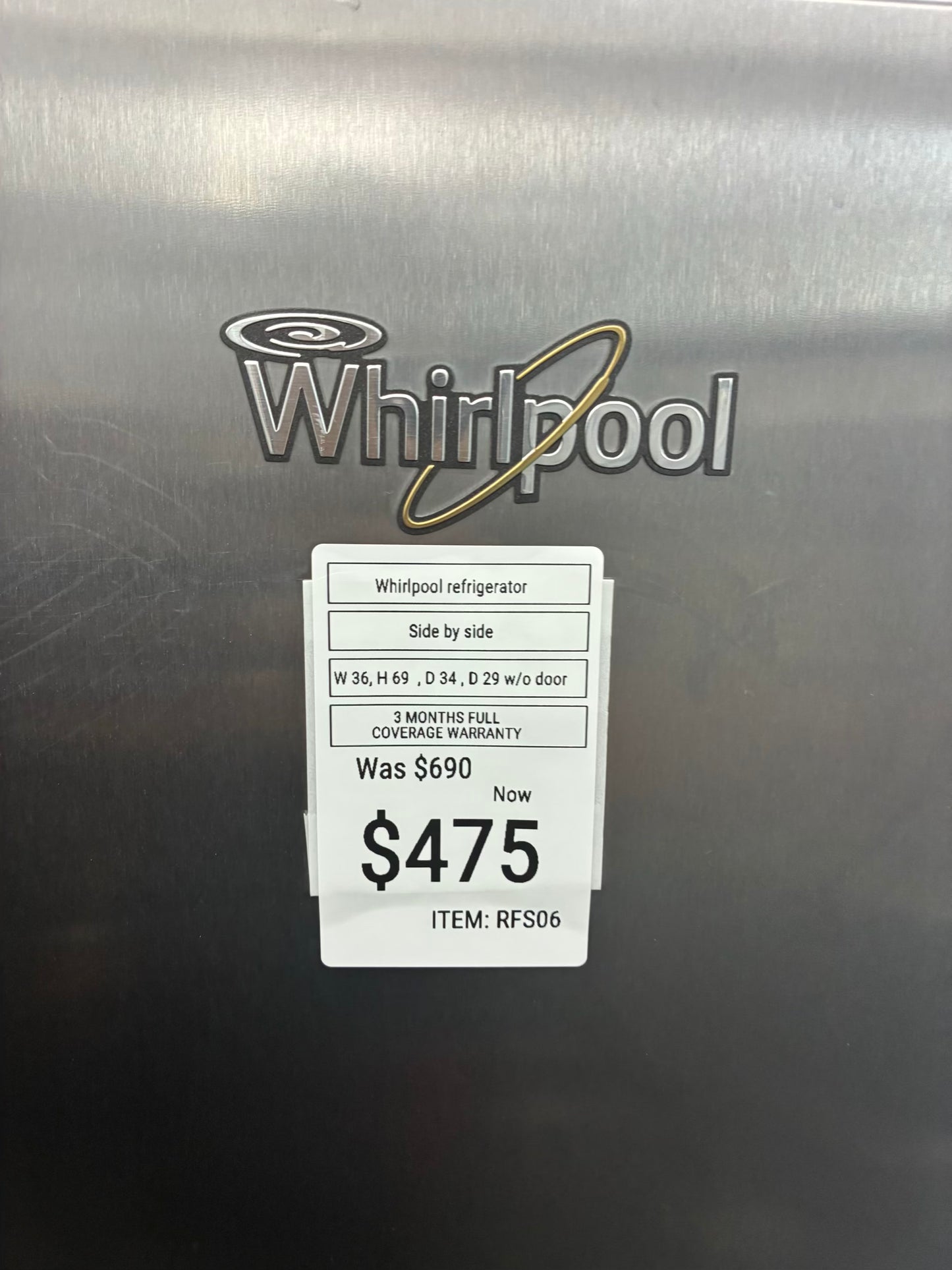 Whirlpool side by side refrigerator stainless steel 36” water dispenser ice maker