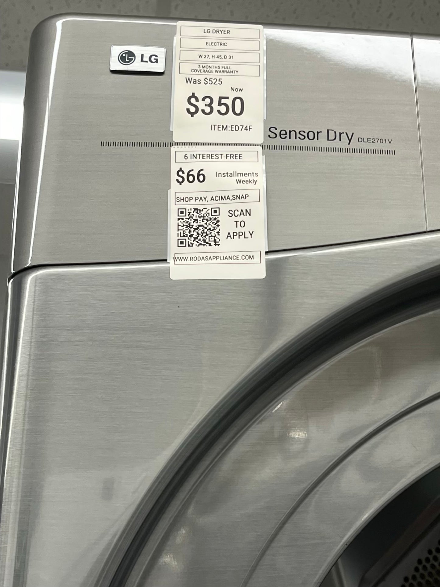 ^ ITEM #ED74F LG front load electric dryer 220v large capacity stackable 27”