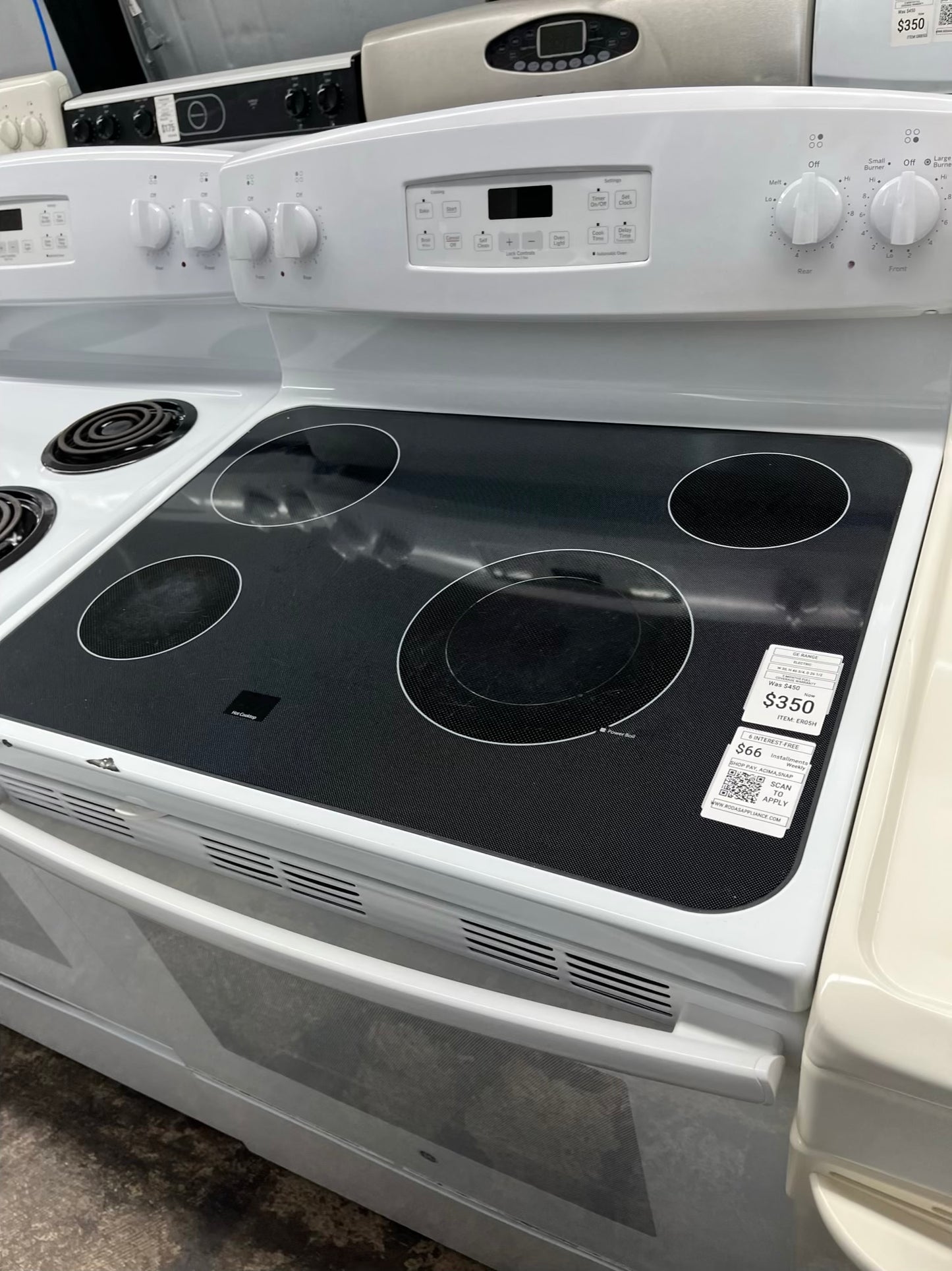 ^ ITEM #ER05H GE electric white range 4 burner 30 inch