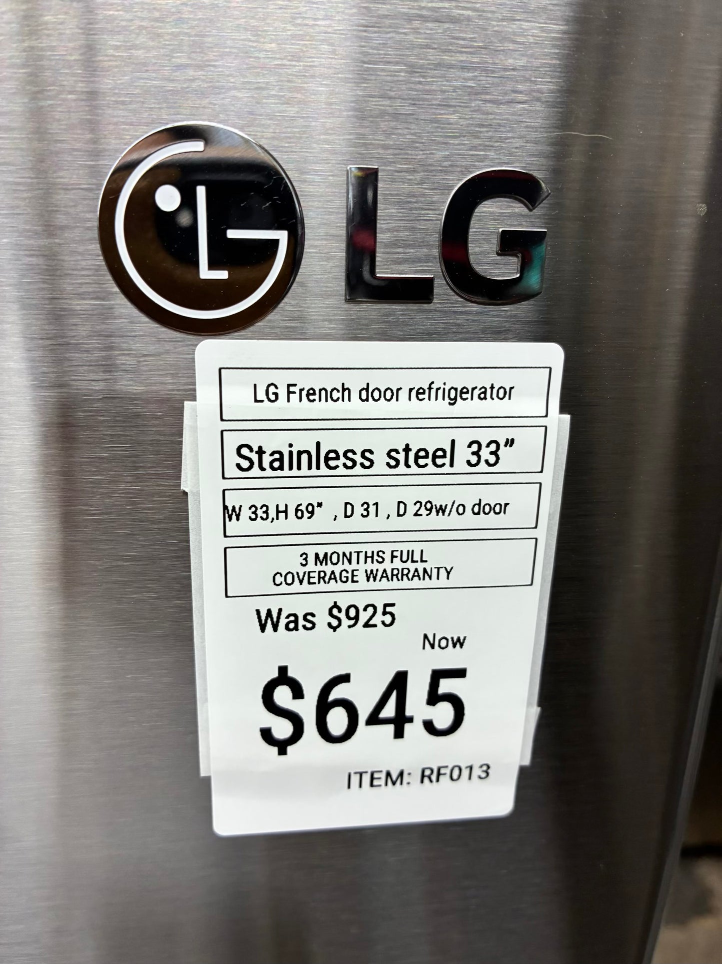 LG French door refrigerator stainless steel 33 in