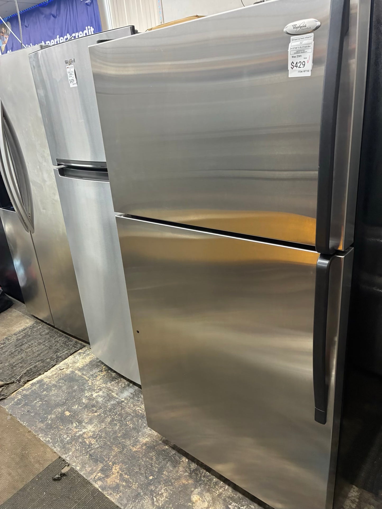 Whirlpool top freezer refrigerator stainless steel 33”