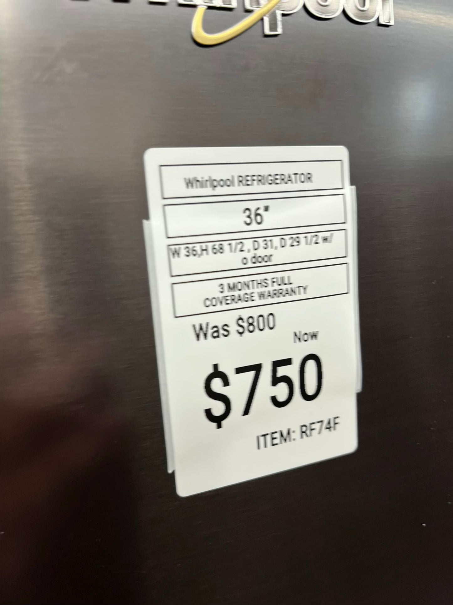 ^ Item: #RF74F Whirlpool french door refrigerator slate stainless steel w/ ice and water dispenser 36” in