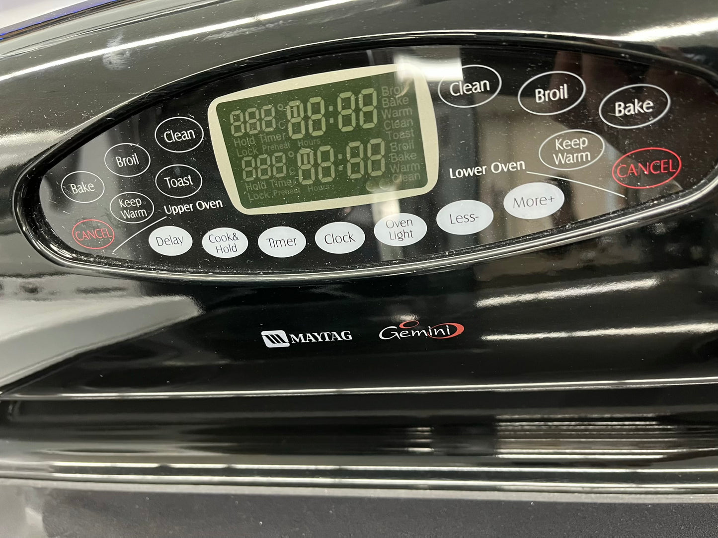 ^ ITEM #ER83B Maytag double oven electric black range 4 burner 30 inch