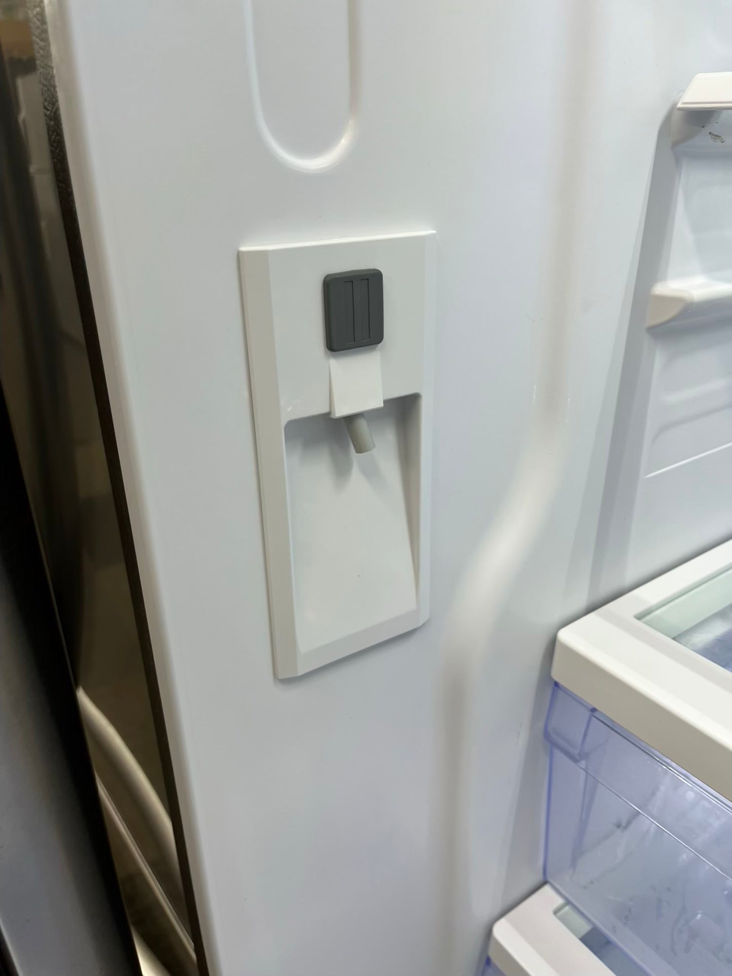 ^ Item: #RF28S GE french door countrr depth refrigerator slate stainless steel w/ ice and water dispenser inside 33” in