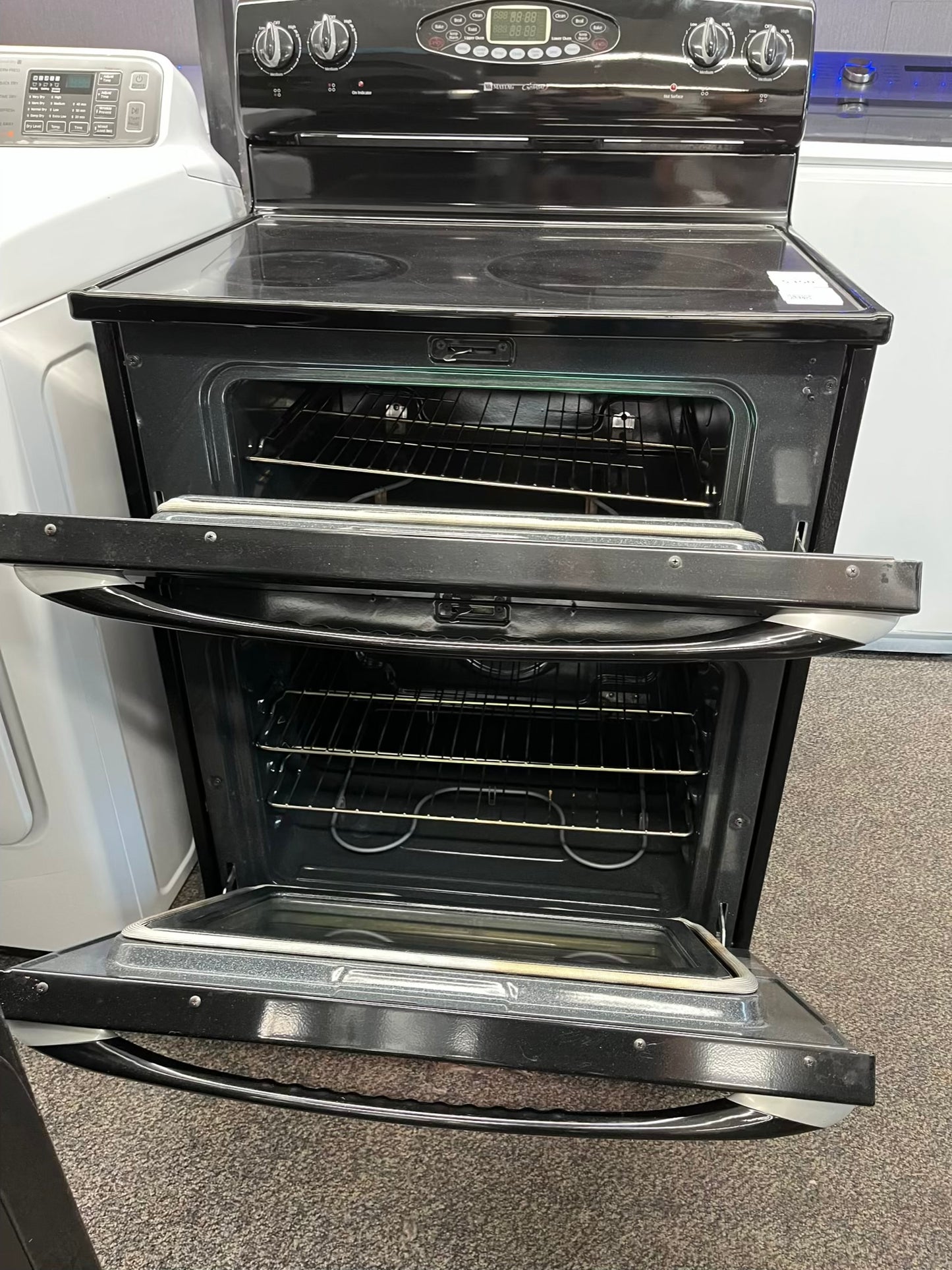 ^ ITEM #ER83B Maytag double oven electric black range 4 burner 30 inch