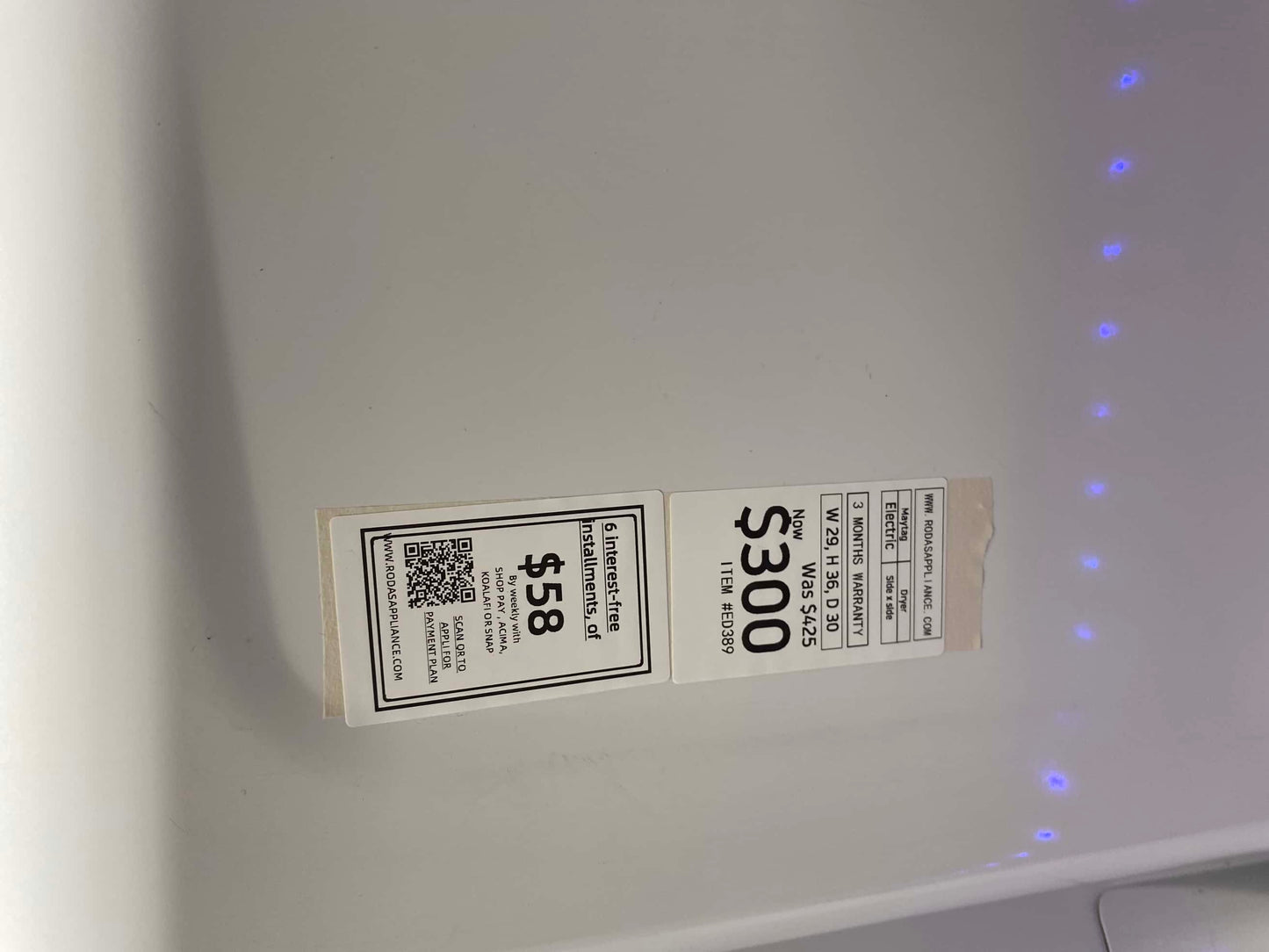 ITEM #ED389 Maytag electric dryer large capacity side x side 29”