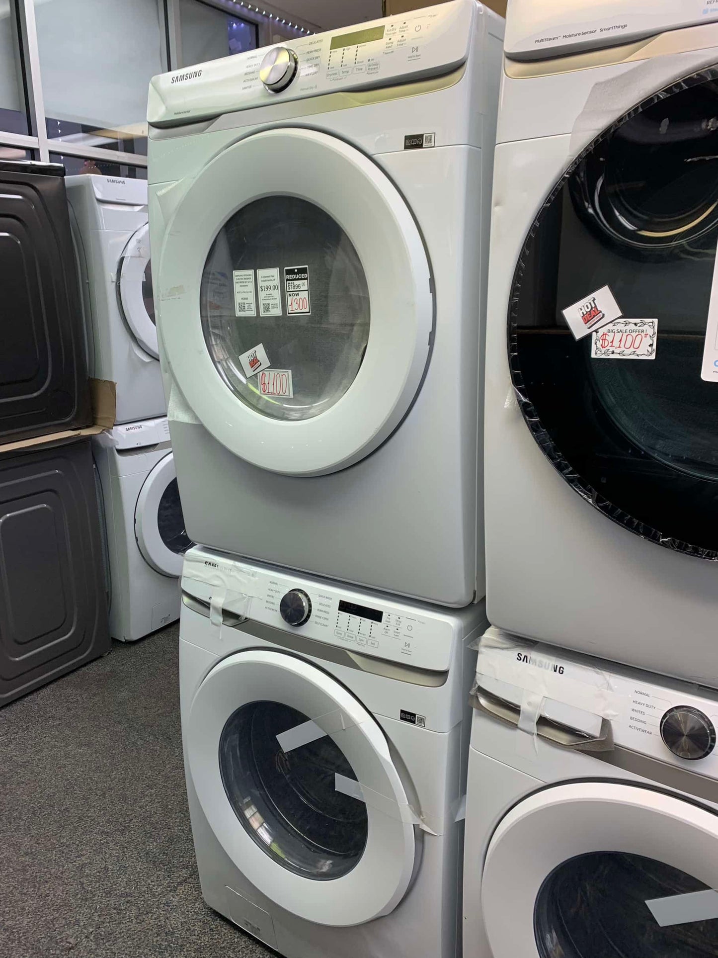 ★ Samsung Open Box 4.5 cu. ft. High-Efficiency Front Load Washer with Self-Clean+ in White & 7.5 cu. ft. Stackable Vented Electric Dryer with Sensor Dry in White 27 in WD668