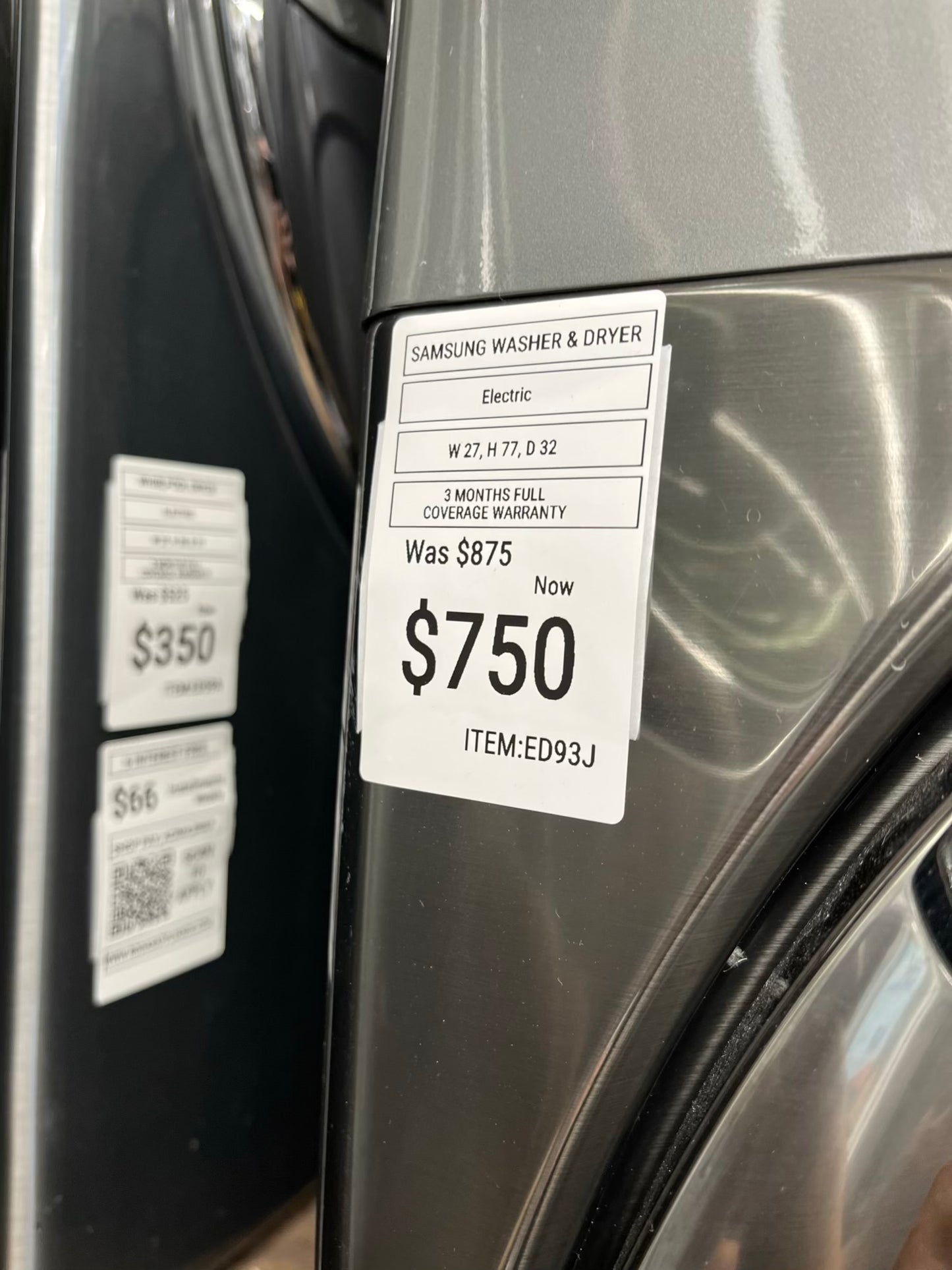 ^ ITEM #ED93J Samsung front load electric washer and dryer 220v stackable large capacity stainless steel drum 27 in D