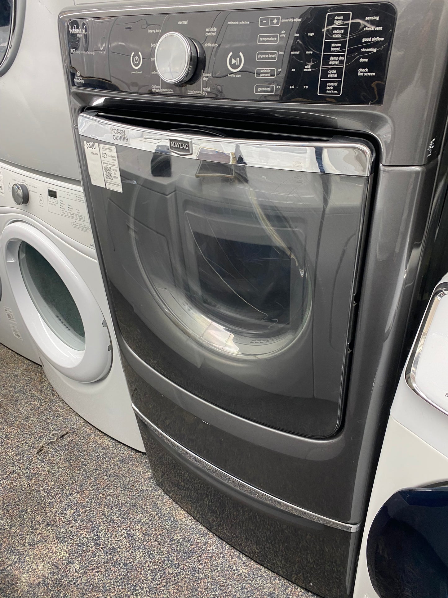 ITEM #ED39H Maytag front load electric dryer 220v stackable large capacity stainless steel drum w/pedestal 27 in D