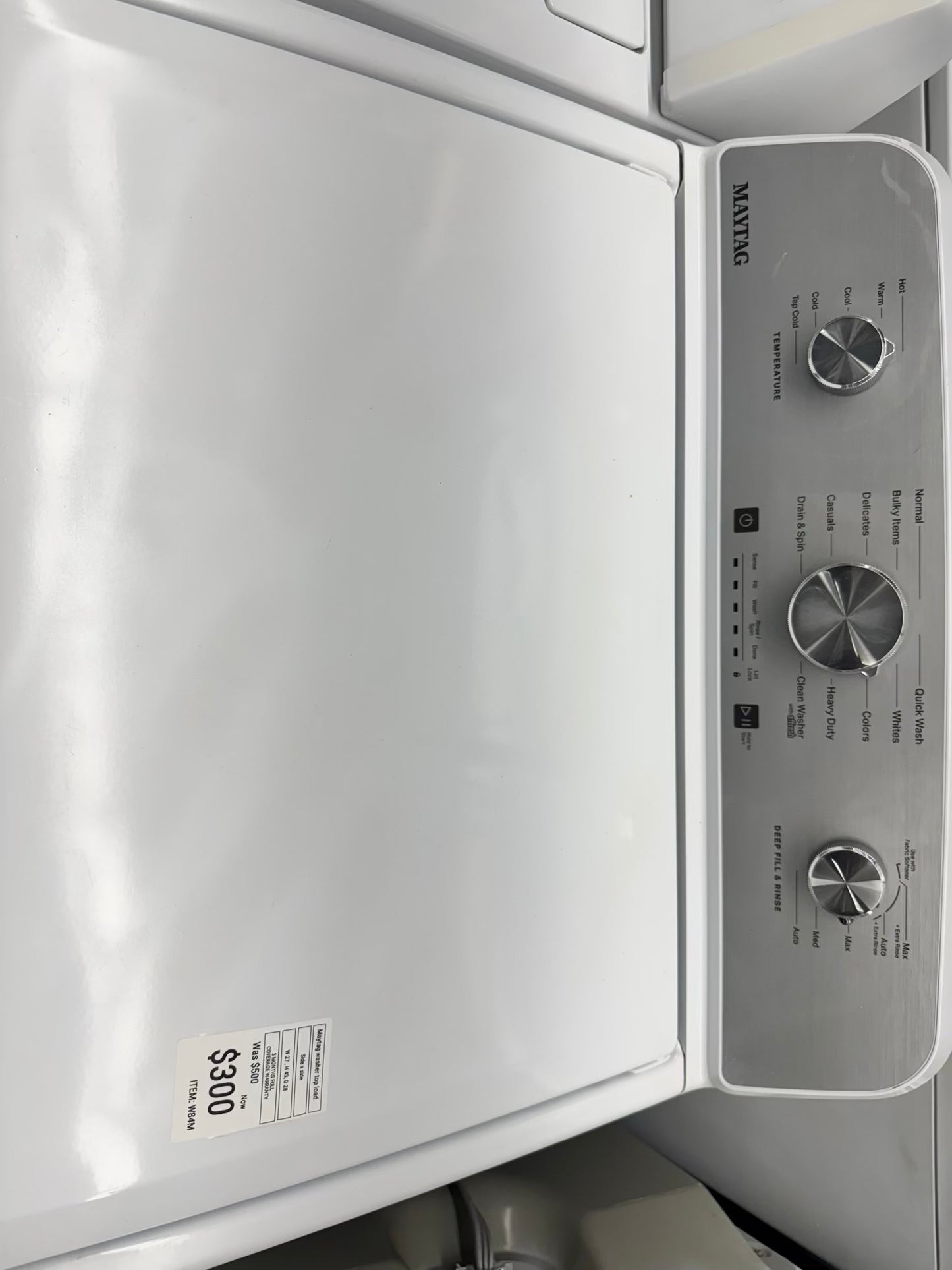 Maytag top load washer deep fill & rinse white 27” whit agitator stainless steel drum