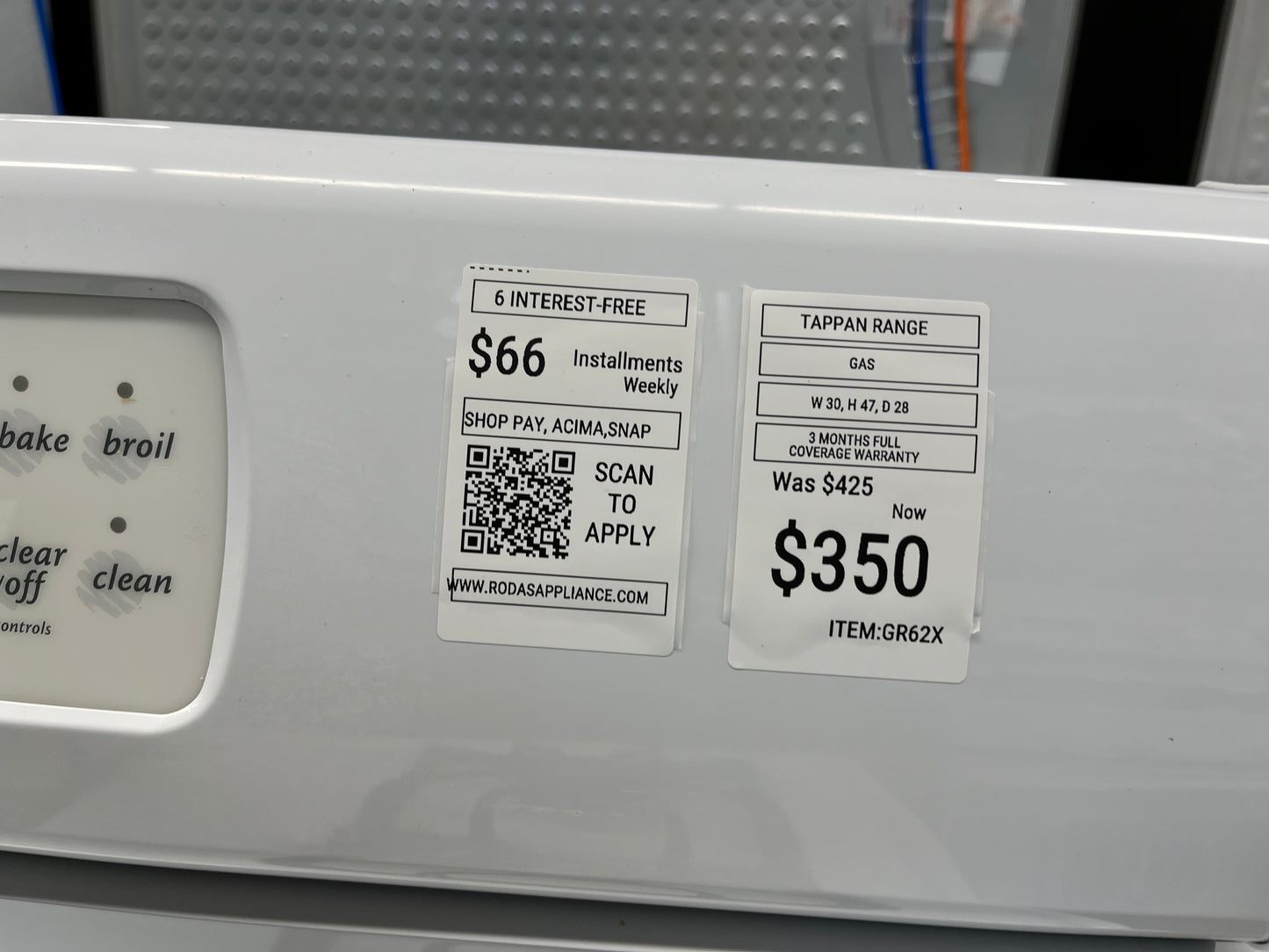 - ITEM #GR62X Tappan gas range white 4 burner 30” in