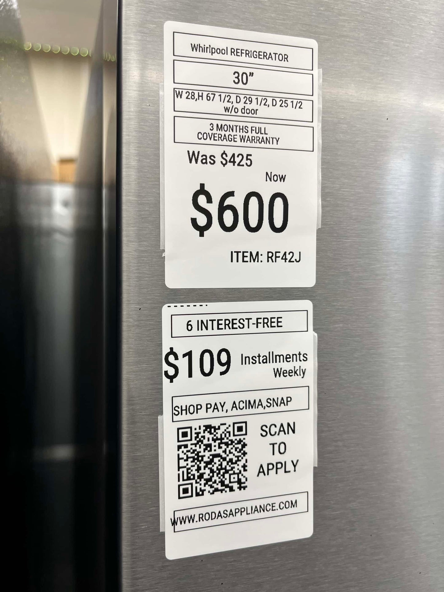 - ITEM: #RF42J Whirlpool French door refrigerator stainless steel 30” with water dispenser and ice maker inside