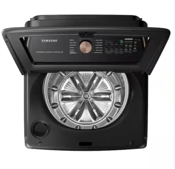 🔥HOT DEAL ★ Samsung Open Box 5.5 cu. ft. Smart High-Efficiency Top Load Washer with Impeller and Auto Dispense System and 7.4 cu. ft. Smart High-Efficiency Vented GAS Dryer with Steam Sanitize+ in Brushed Black WD816