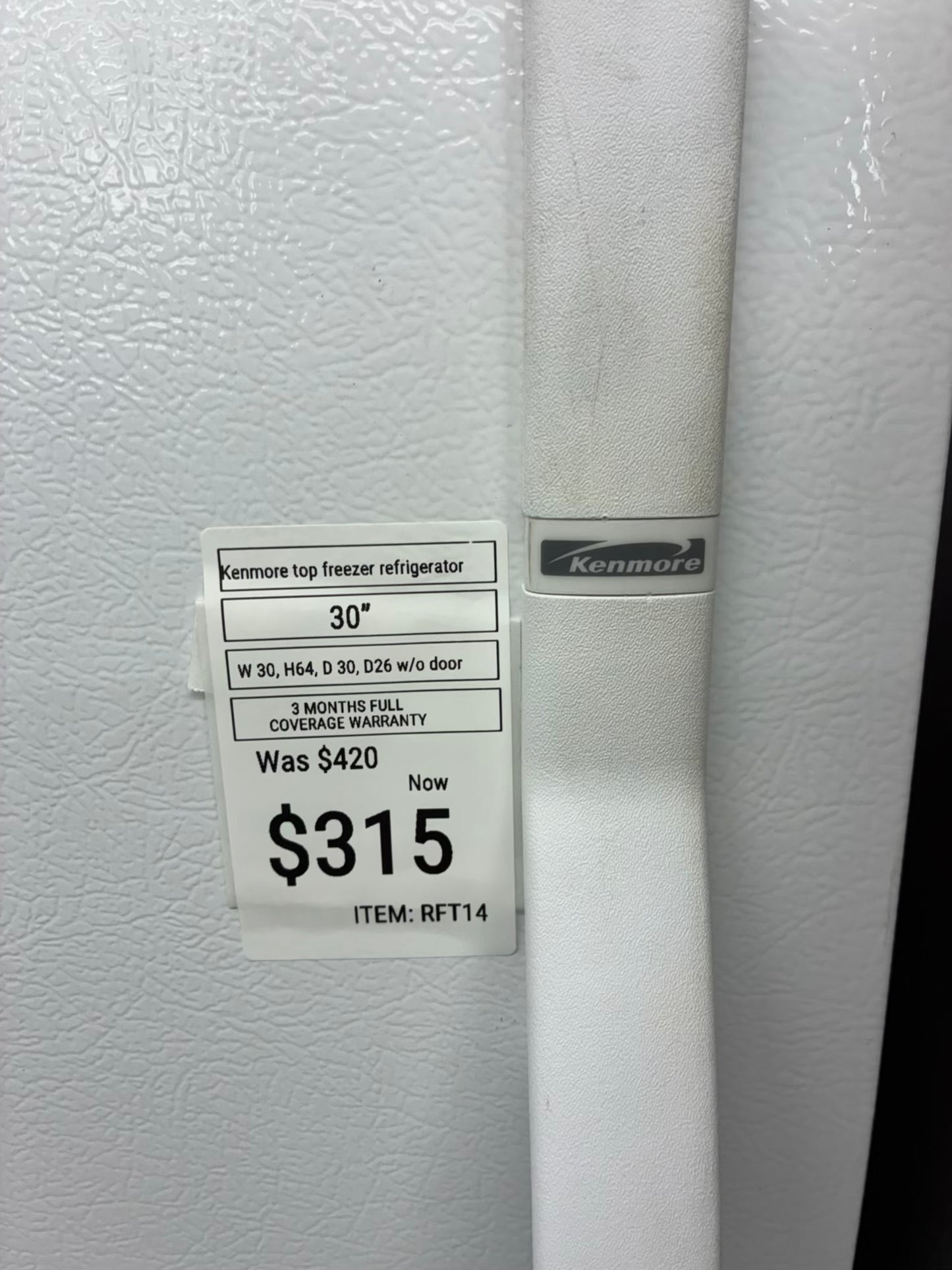 Kenmore Top Freezer Refrigerator 30” white
