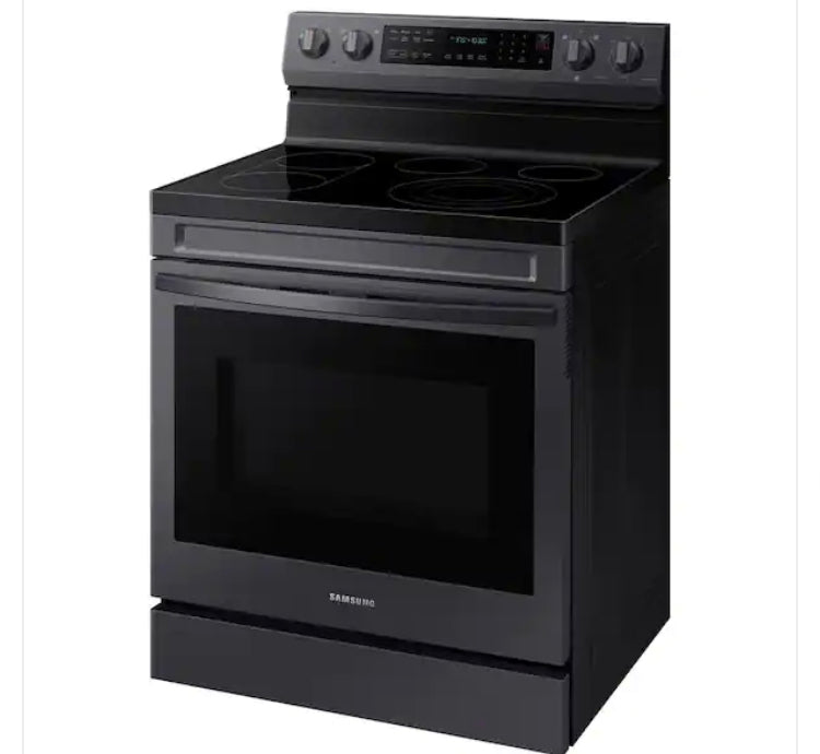 - ★ Samsung Open Box 6.3 cu. ft. Smart Wi-Fi Enabled Convection Electric Range with No Preheat AirFry in Black Stainless Steel - ER467