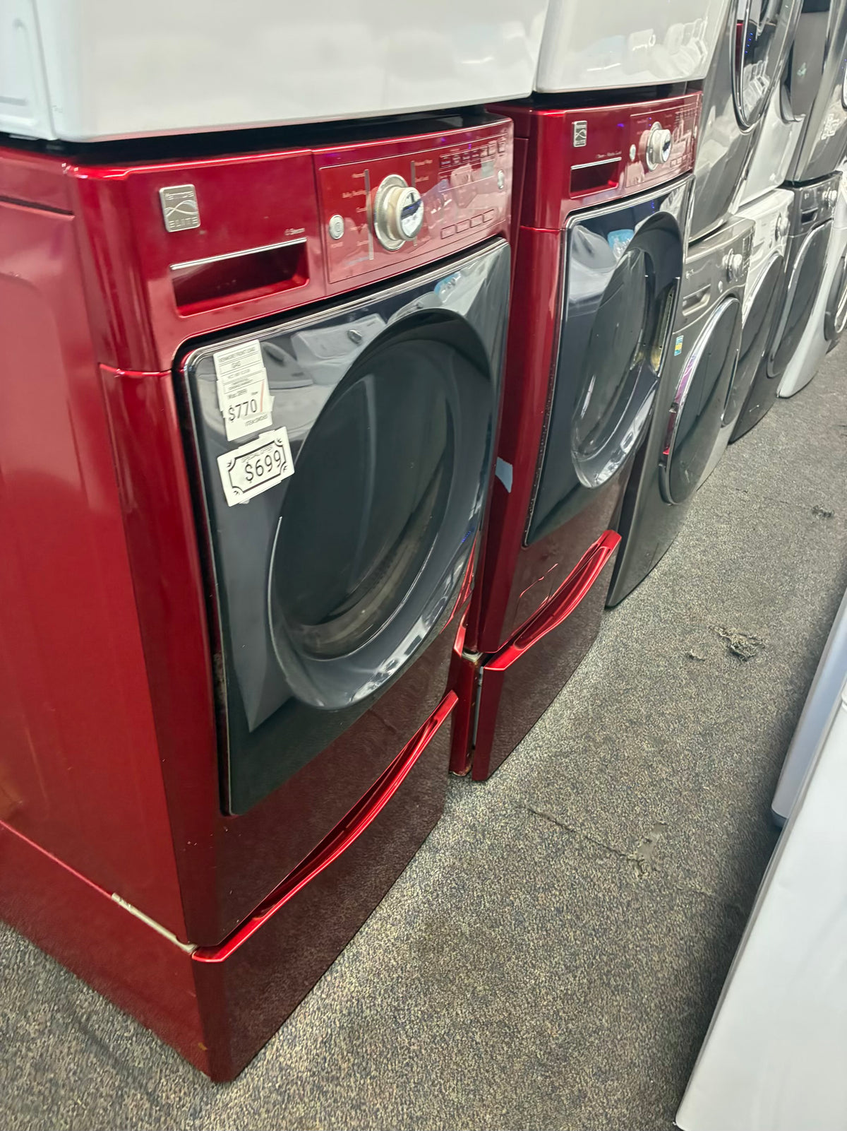 Kenmore gas washer 27” and dryer 29” top load red pedestal