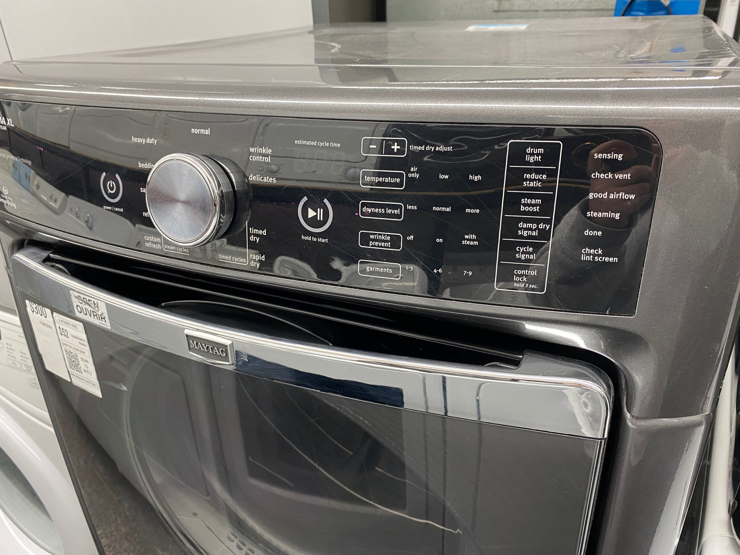 ITEM #ED39H Maytag front load electric dryer 220v stackable large capacity stainless steel drum w/pedestal 27 in D