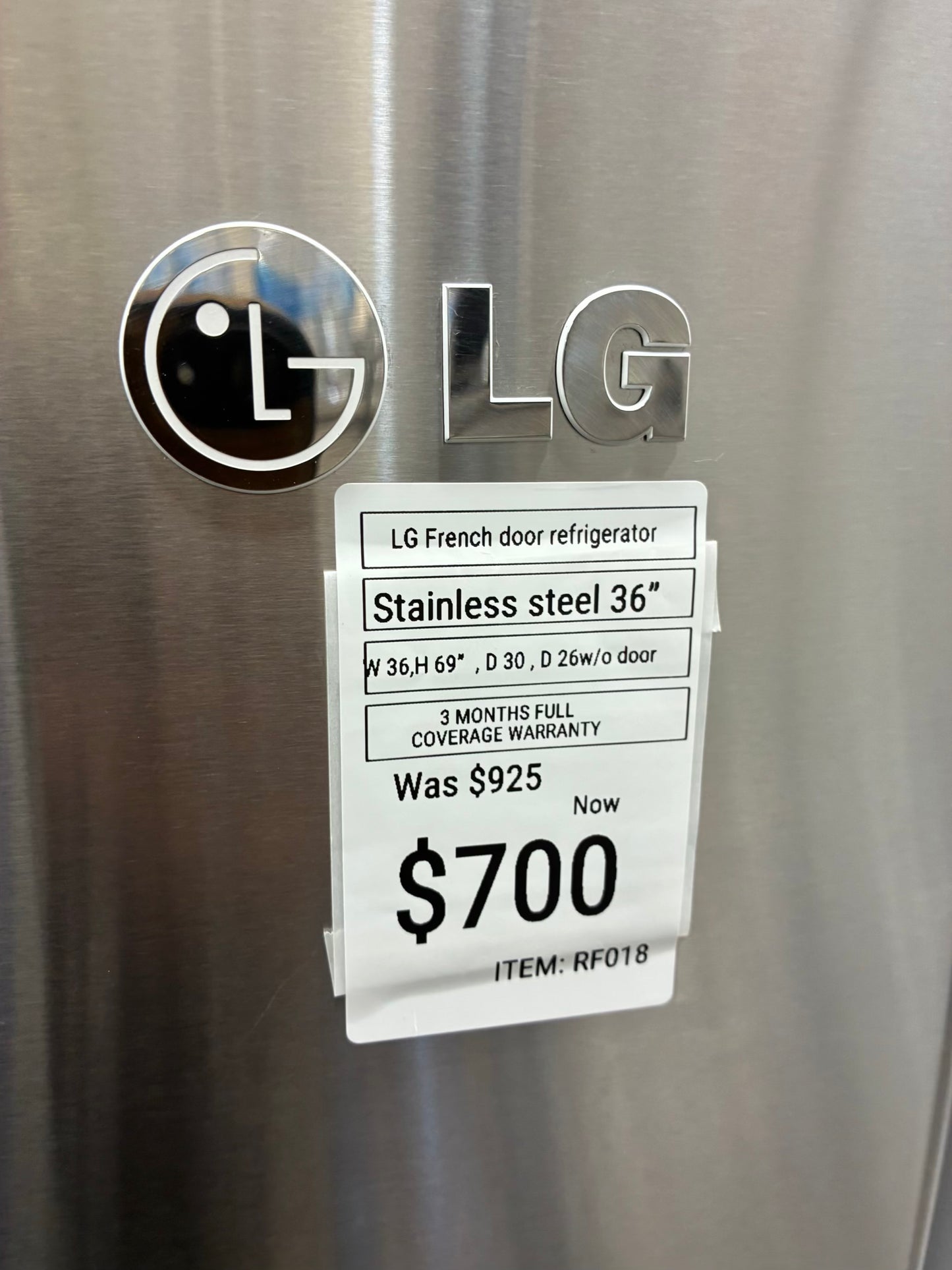 LG French door refrigerator slate stainless steel 36”