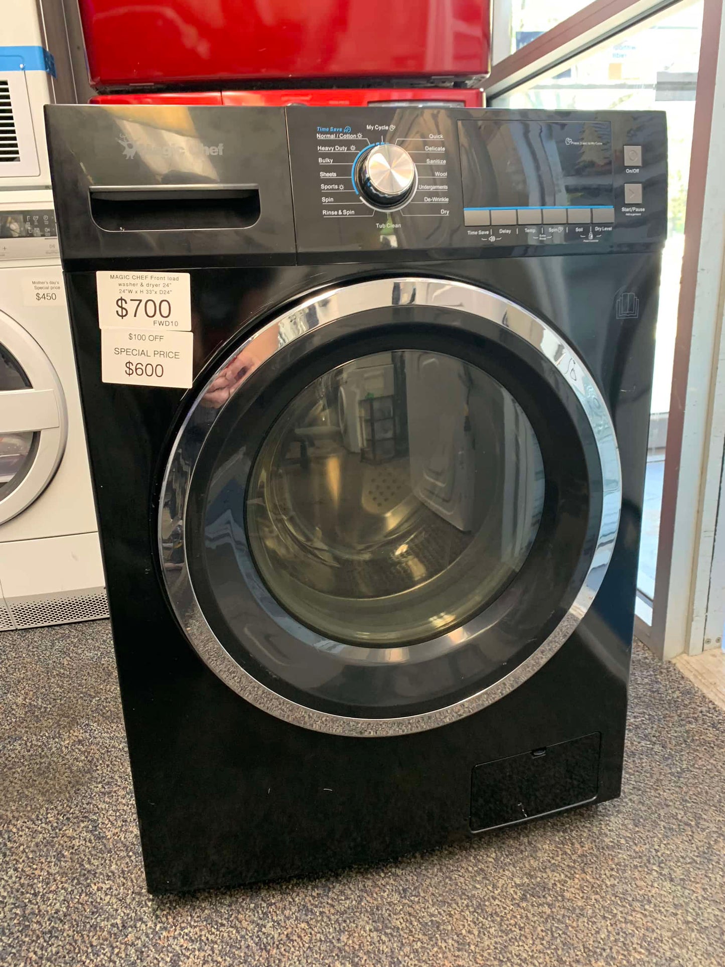 ‘Magic chef black  front load washer and electric dryer all in one  stainless drum 24” 110v regular cord FWD10