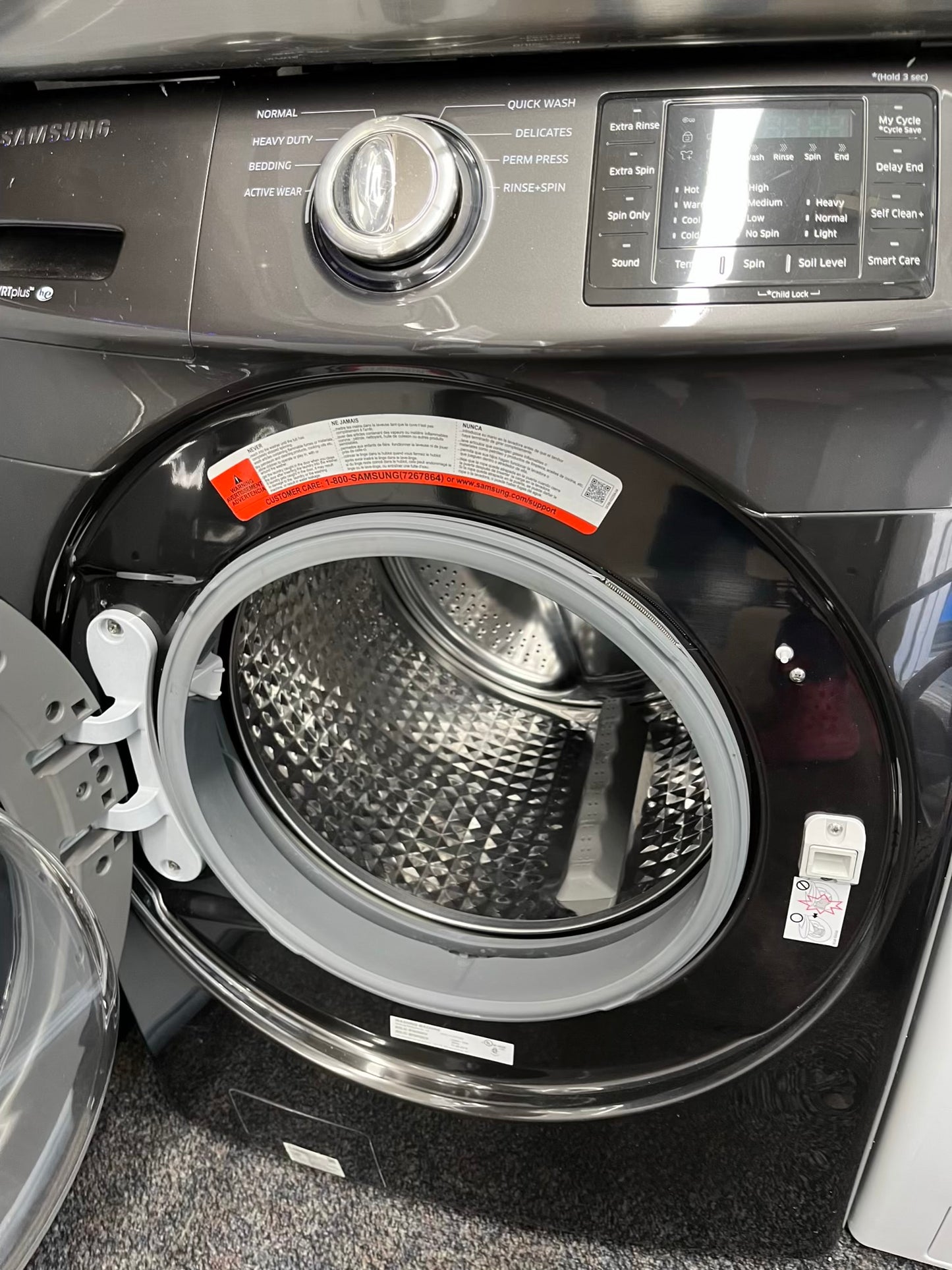 ^ ITEM #ED93J Samsung front load electric washer and dryer 220v stackable large capacity stainless steel drum 27 in D