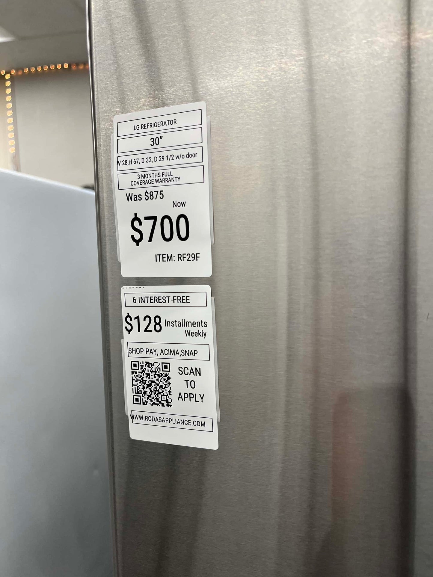 - Item: #RF29F LG french door refrigerator stainless steel w/water ice dispenser 36 in