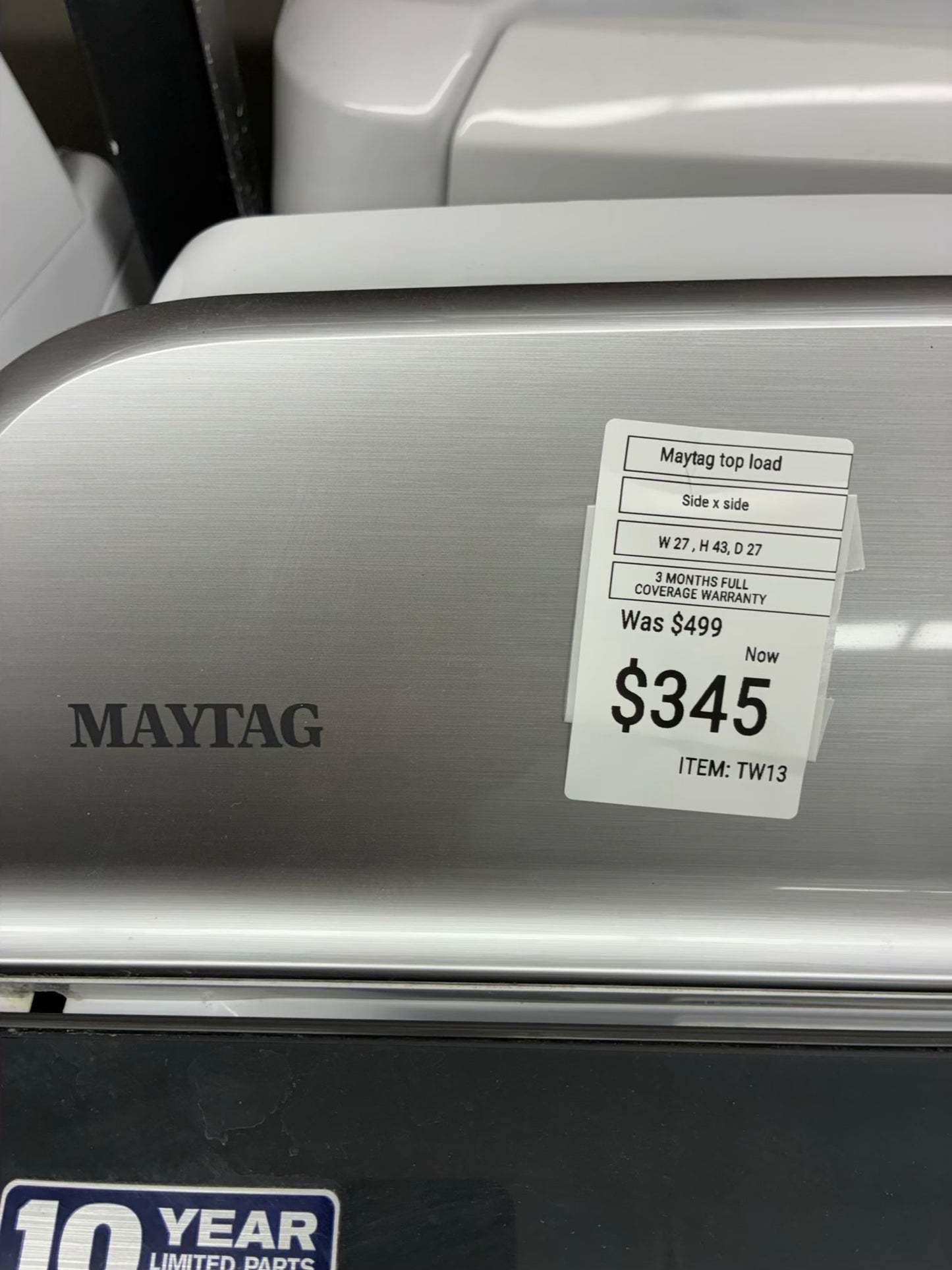 Maytag top load washer large capacity side x side 27”
