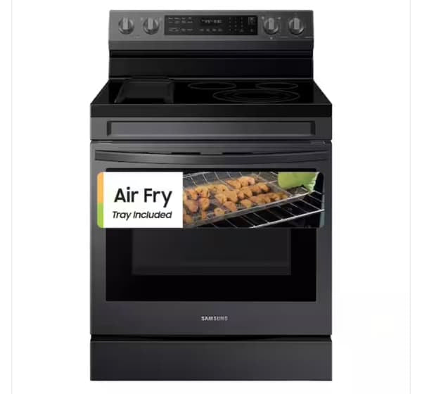 - ★ Samsung Open Box 6.3 cu. ft. Smart Wi-Fi Enabled Convection Electric Range with No Preheat AirFry in Black Stainless Steel - ER467
