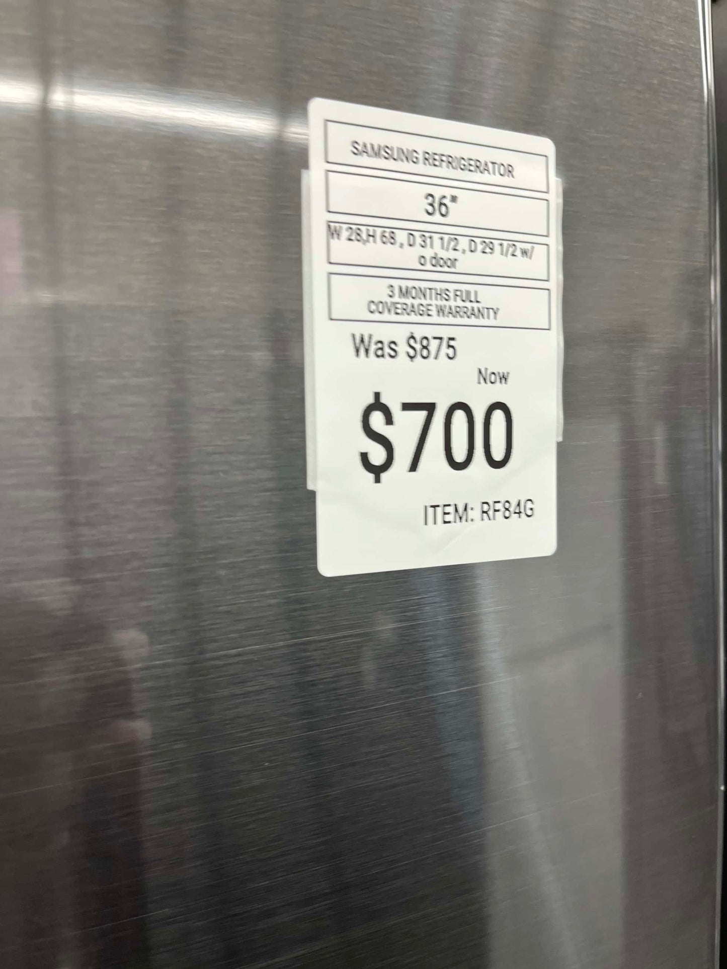 - ITEM: #RF84G Samsung French door refrigerator stainless steel 30” with water dispenser and ice maker inside