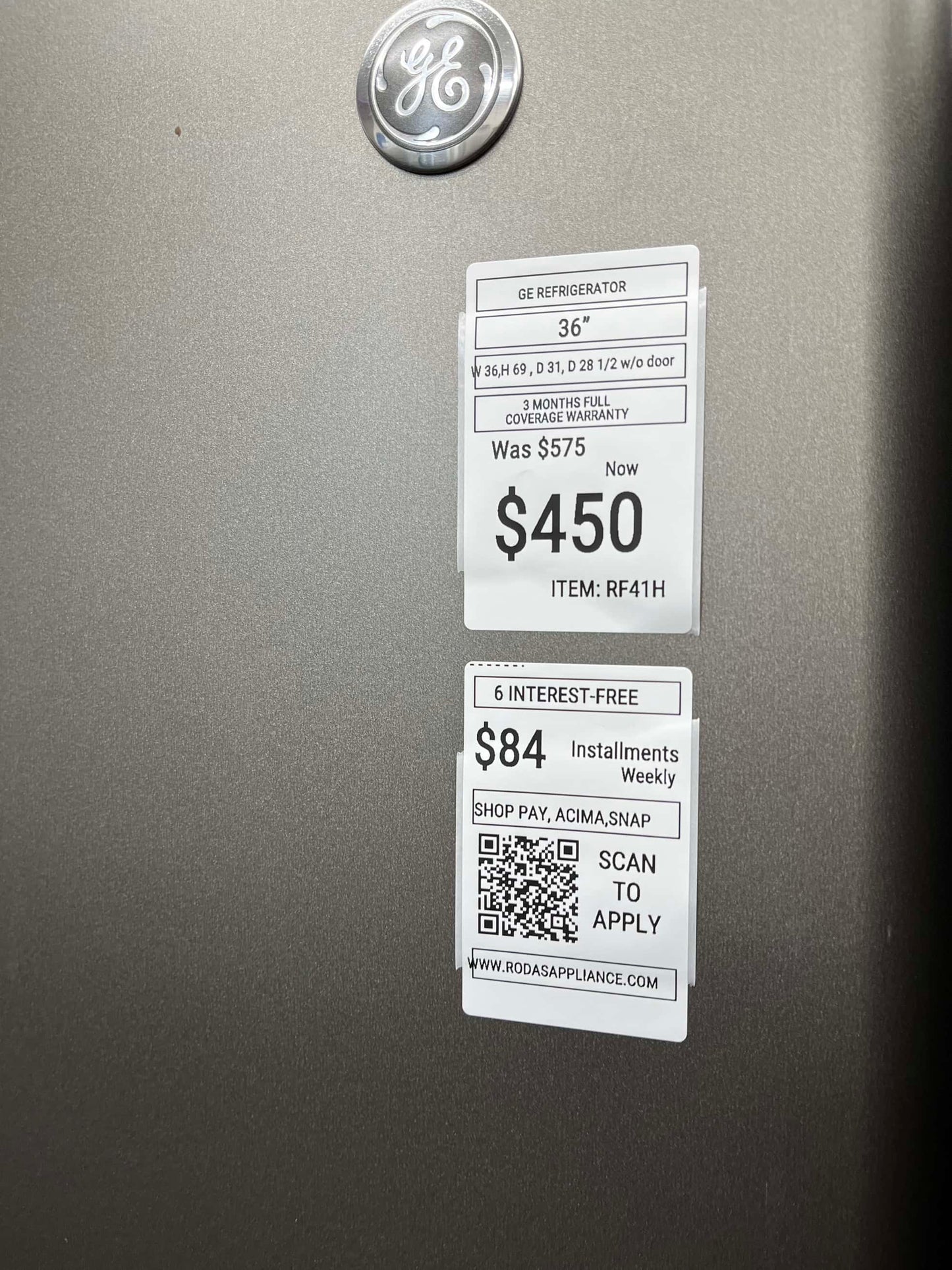 - Item: #RF41H GE side x side refrigerator stainless steel w/water ice dispenser 36 in