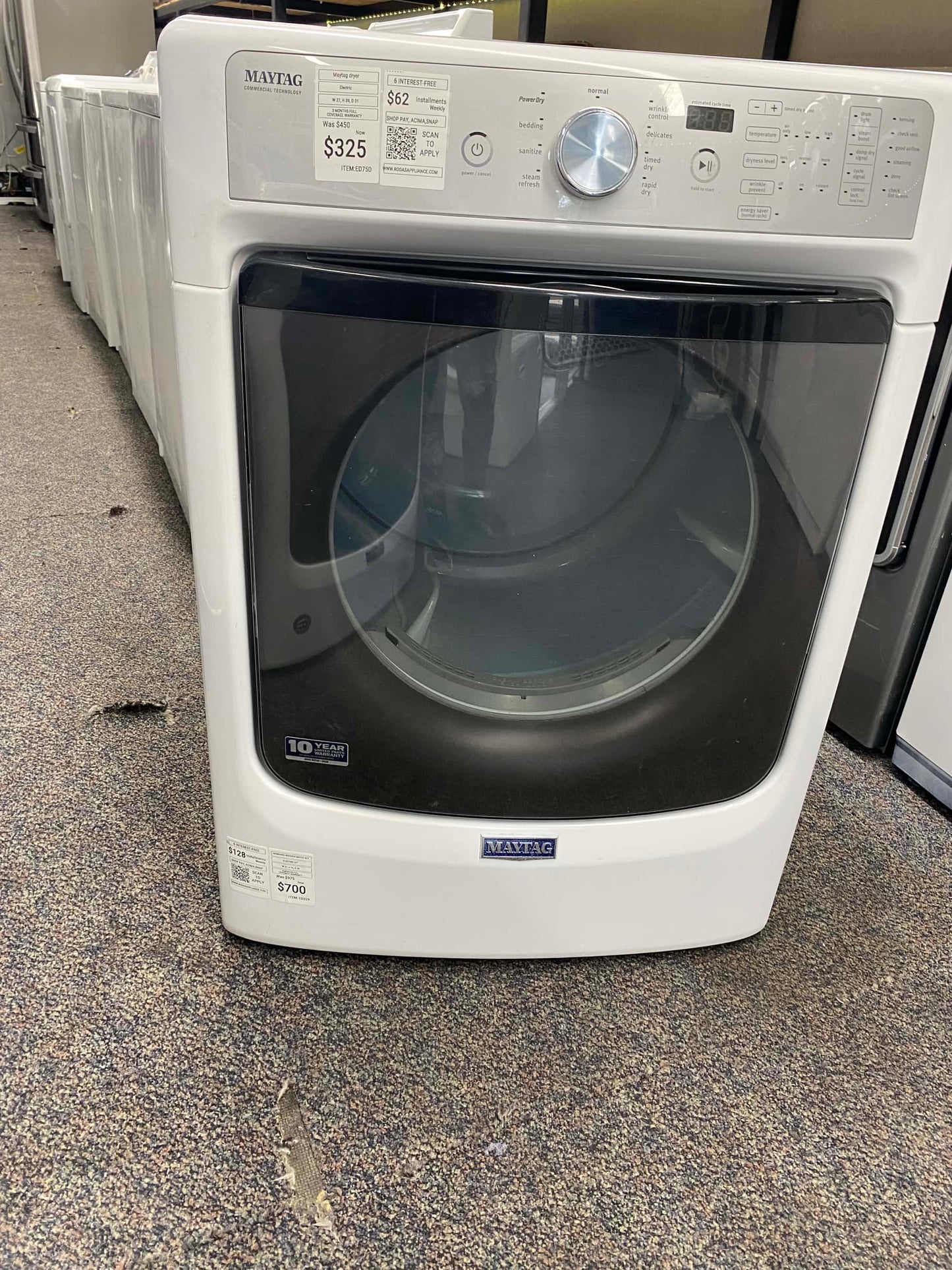 ITEM #ED75D Maytag front load electric dryer 220v stackable large capacity stainless steel drum 27 in D
