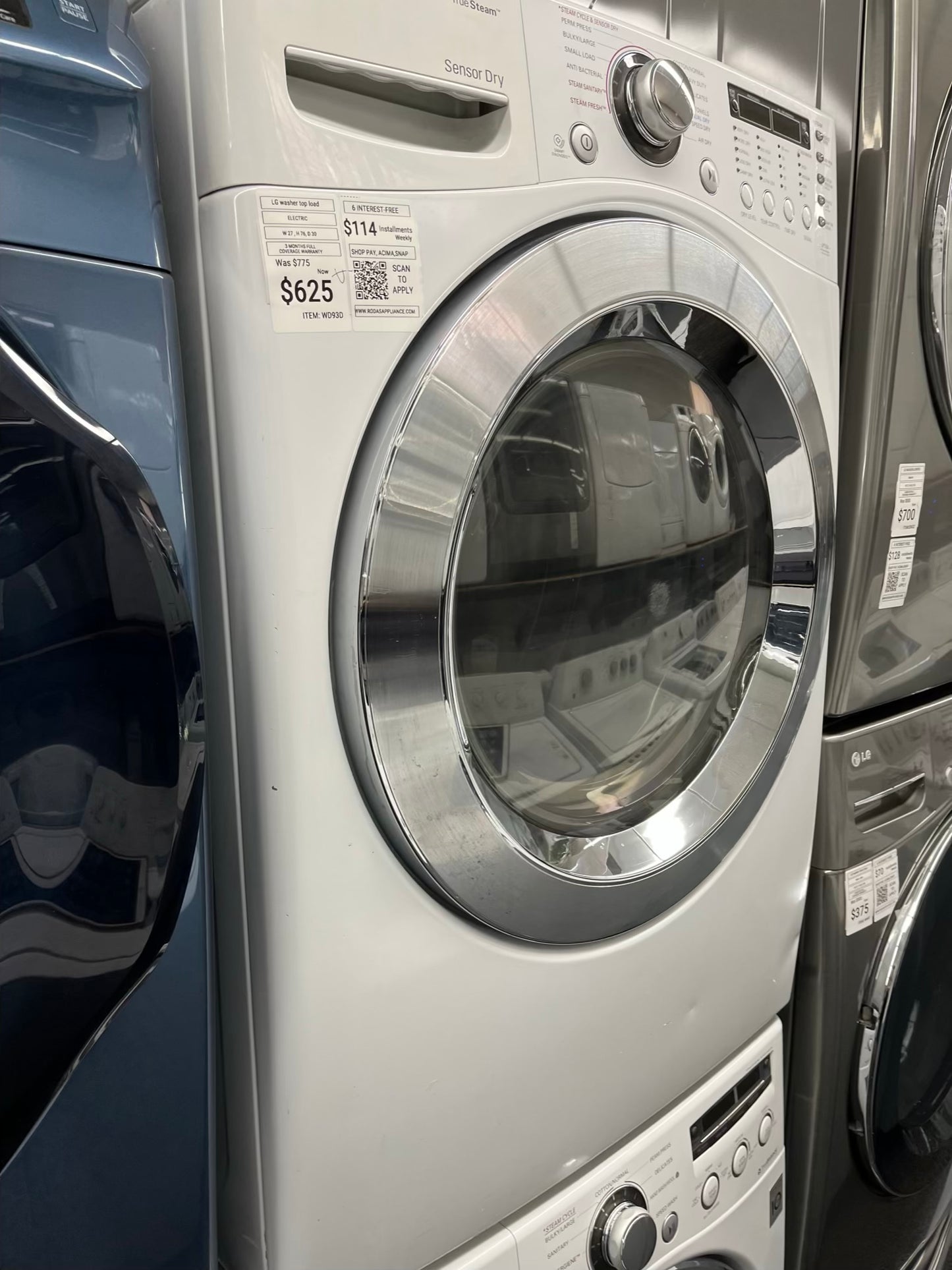 ^ ITEM #WD93D LG front load electric washer and dryer 220v stackable large capacity stainless steel drum 27 in D