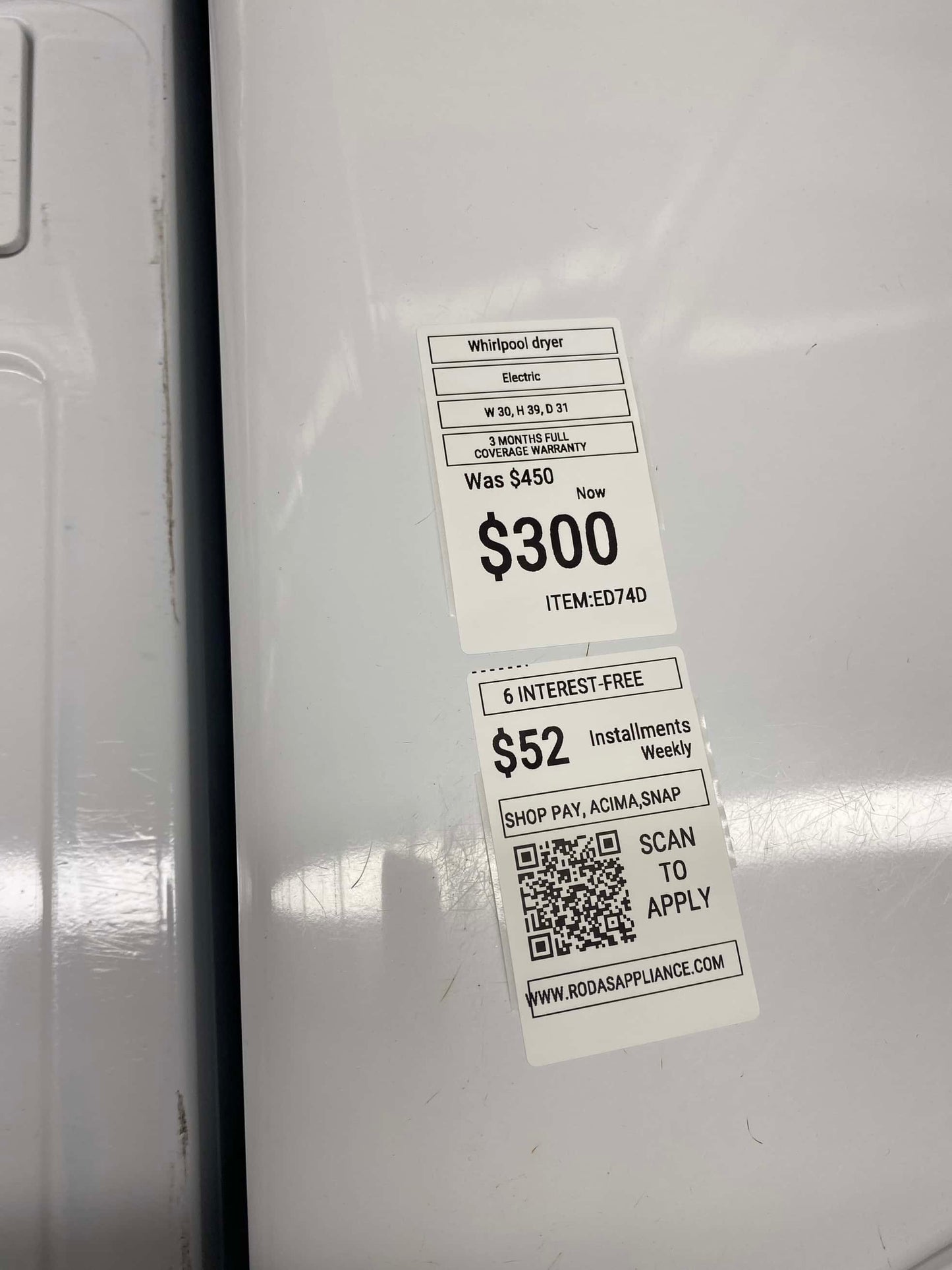 TEM: #ED74D Whirlpool cabrio electric dryer large capacity side x side 29 in
