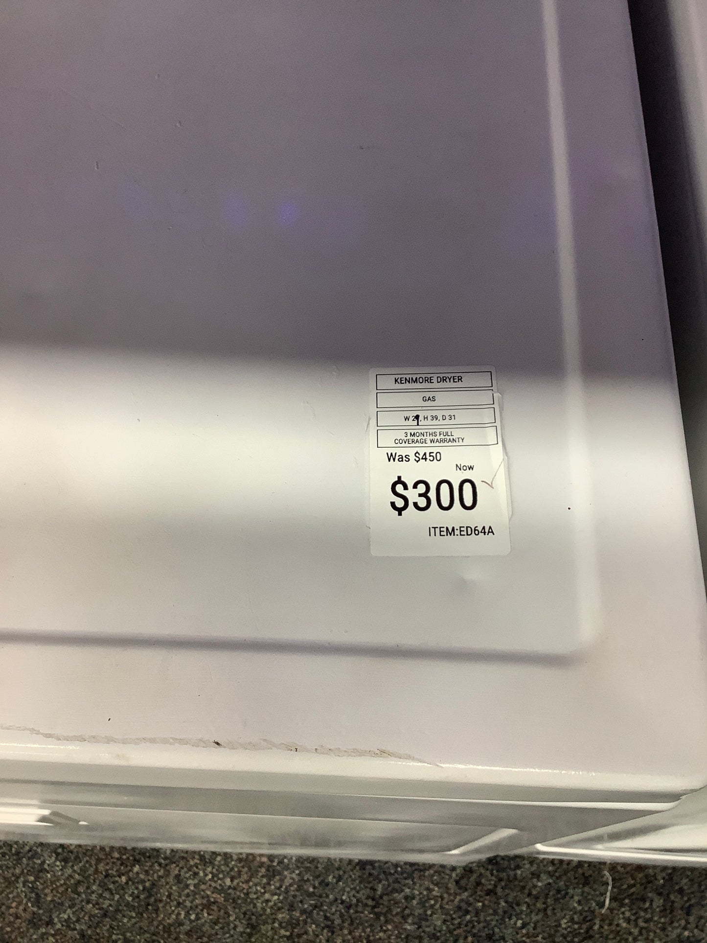 Kenmore gas dryer Side x Side 29”