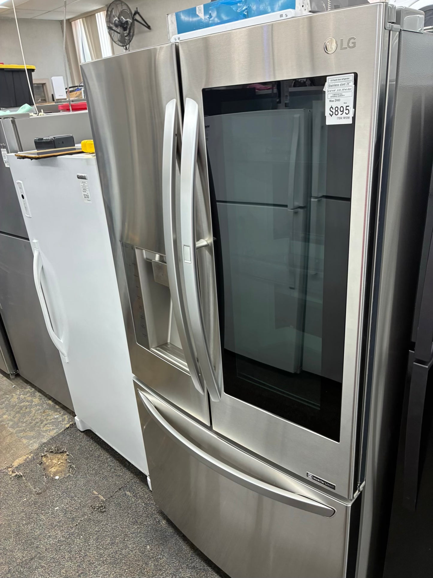 LG French door refrigerator stainless steel 36” ice maker water dispenser show case