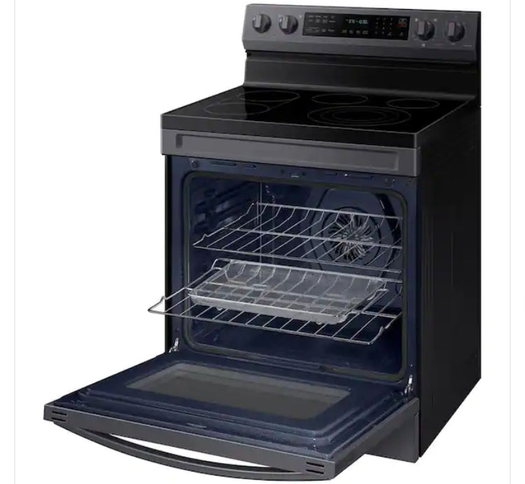 - ★ Samsung Open Box 6.3 cu. ft. Smart Wi-Fi Enabled Convection Electric Range with No Preheat AirFry in Black Stainless Steel - ER467