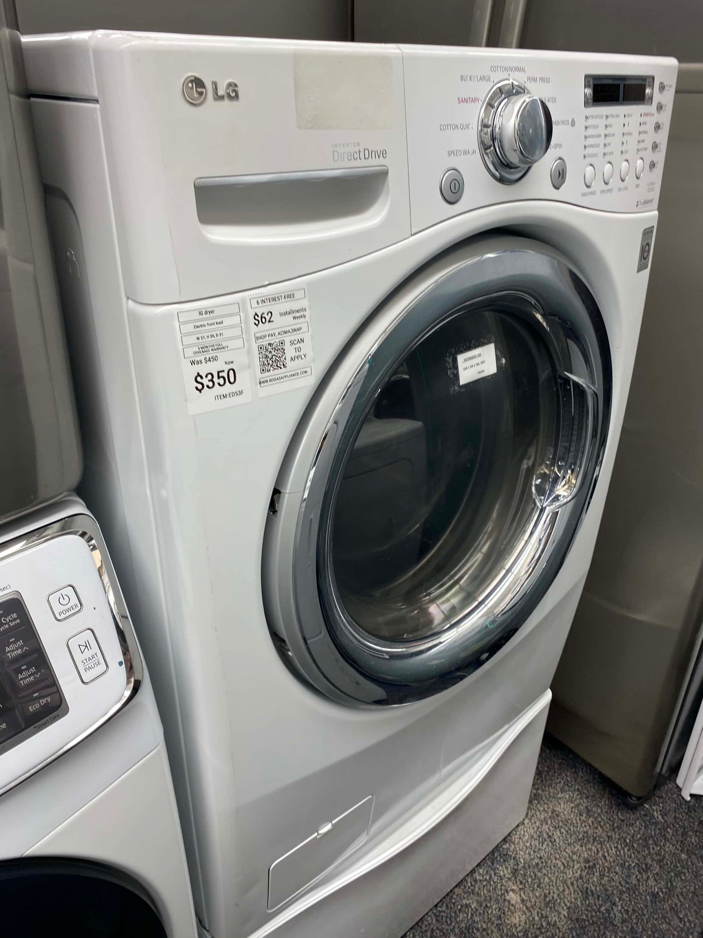 . ITEM #ED53F LG electric dryer large capacity front load w/ pedestal 27”