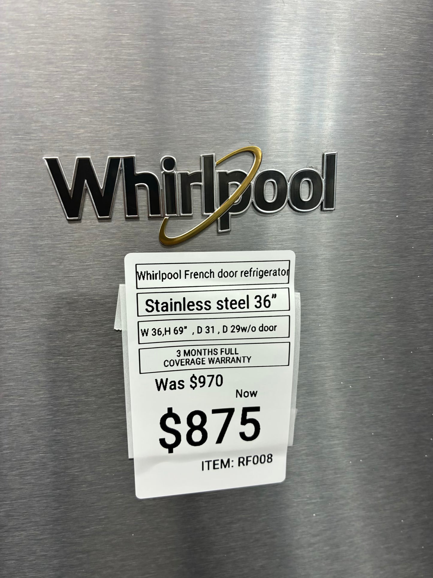 Whirlpool french door refrigerator stainless steel with ice maker 36”