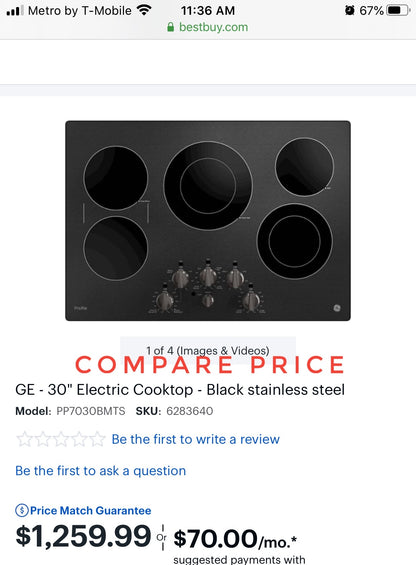 Brand New GE -36" Electric Cooktop - Black stainless steel Model:PP7030BMTS