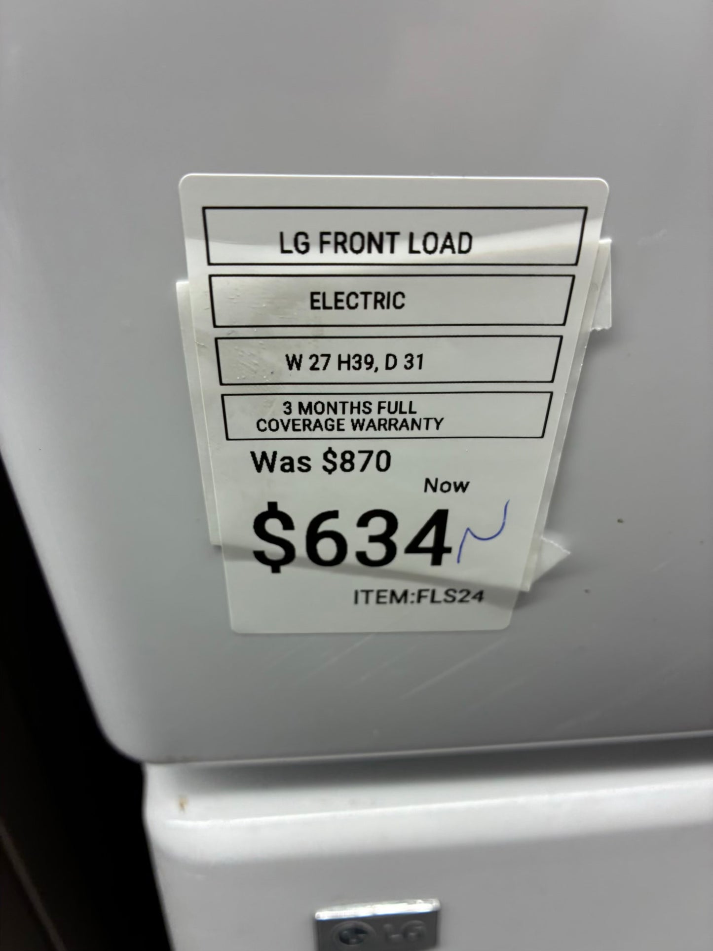 LG WASHER N DRYER FRONT LOAD ELECTRIC 27”