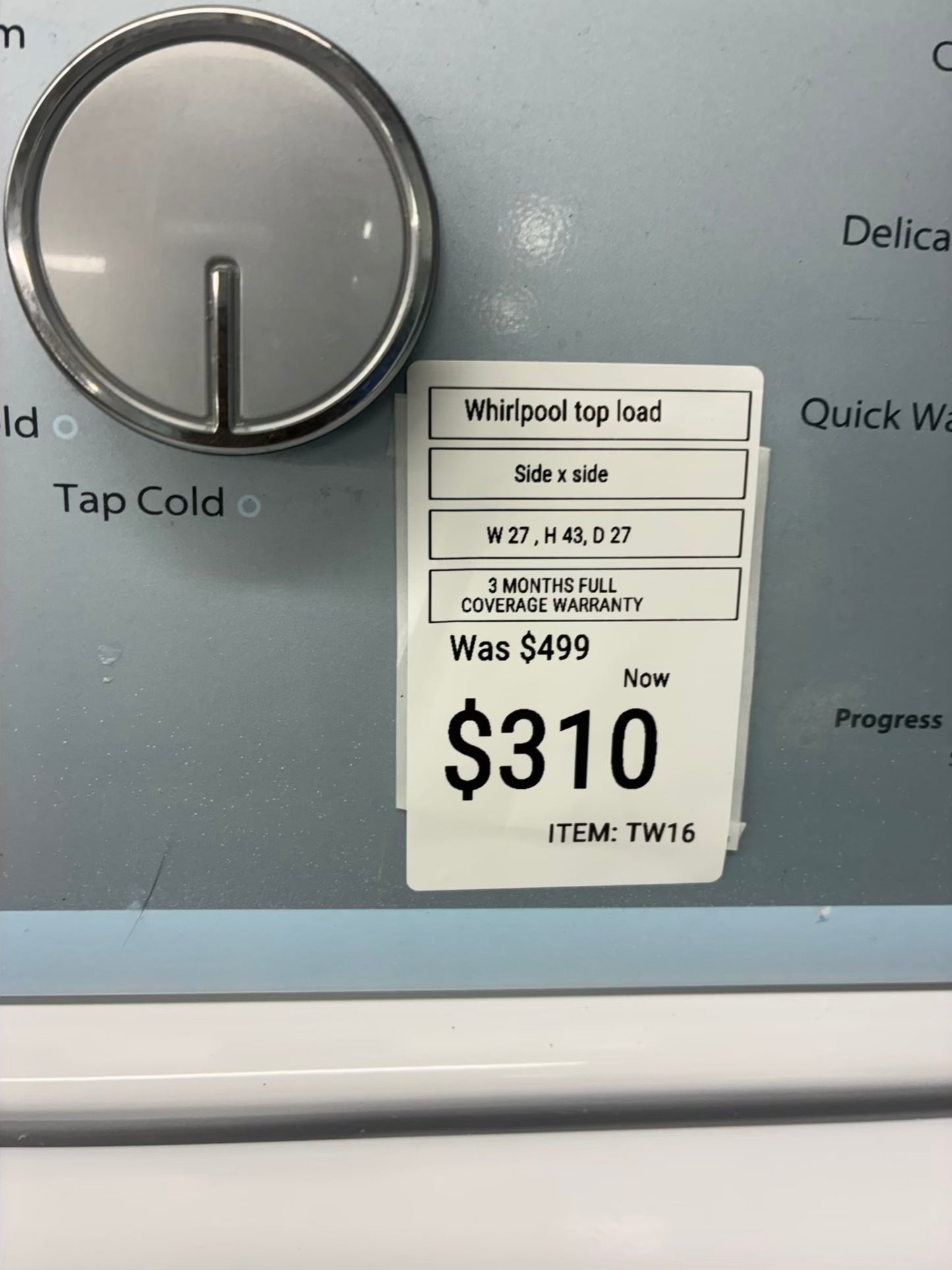 Whirlpool top load washer  large capacity side x side 27”ñ
