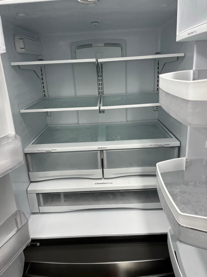 ^ #RF47W GE french door refrigerator slate stainless steel w/ ice and water dispenser inside 33” in