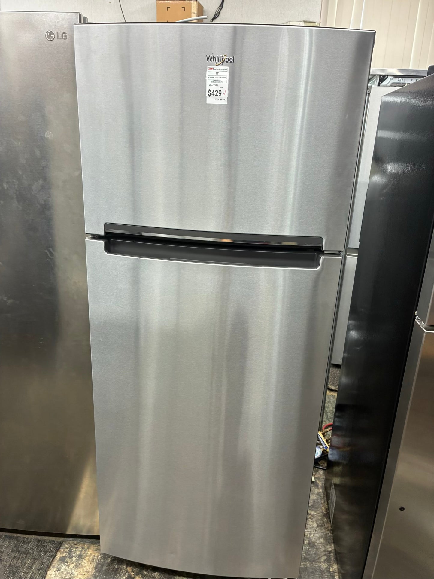 Whirlpool top freezer refrigerator stainless steel 28”