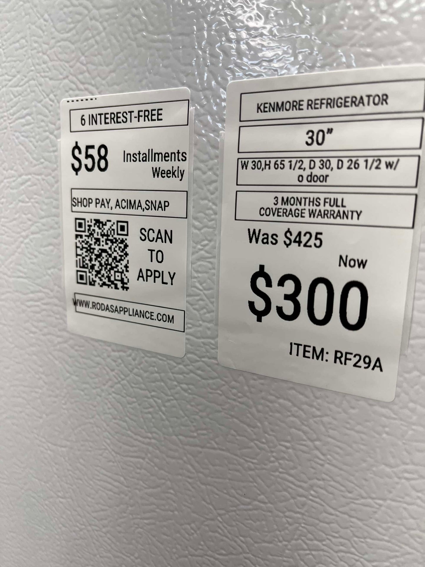 ITEM: #RF29A kenmore top  freezer white refrigerator  30” in