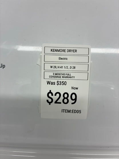 Kenmore side x side dryer electric 220v large capacity 29”