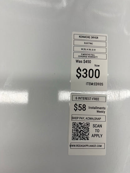 ^ ITEM: #ED93S kenmore electric dryer 29” large capacity