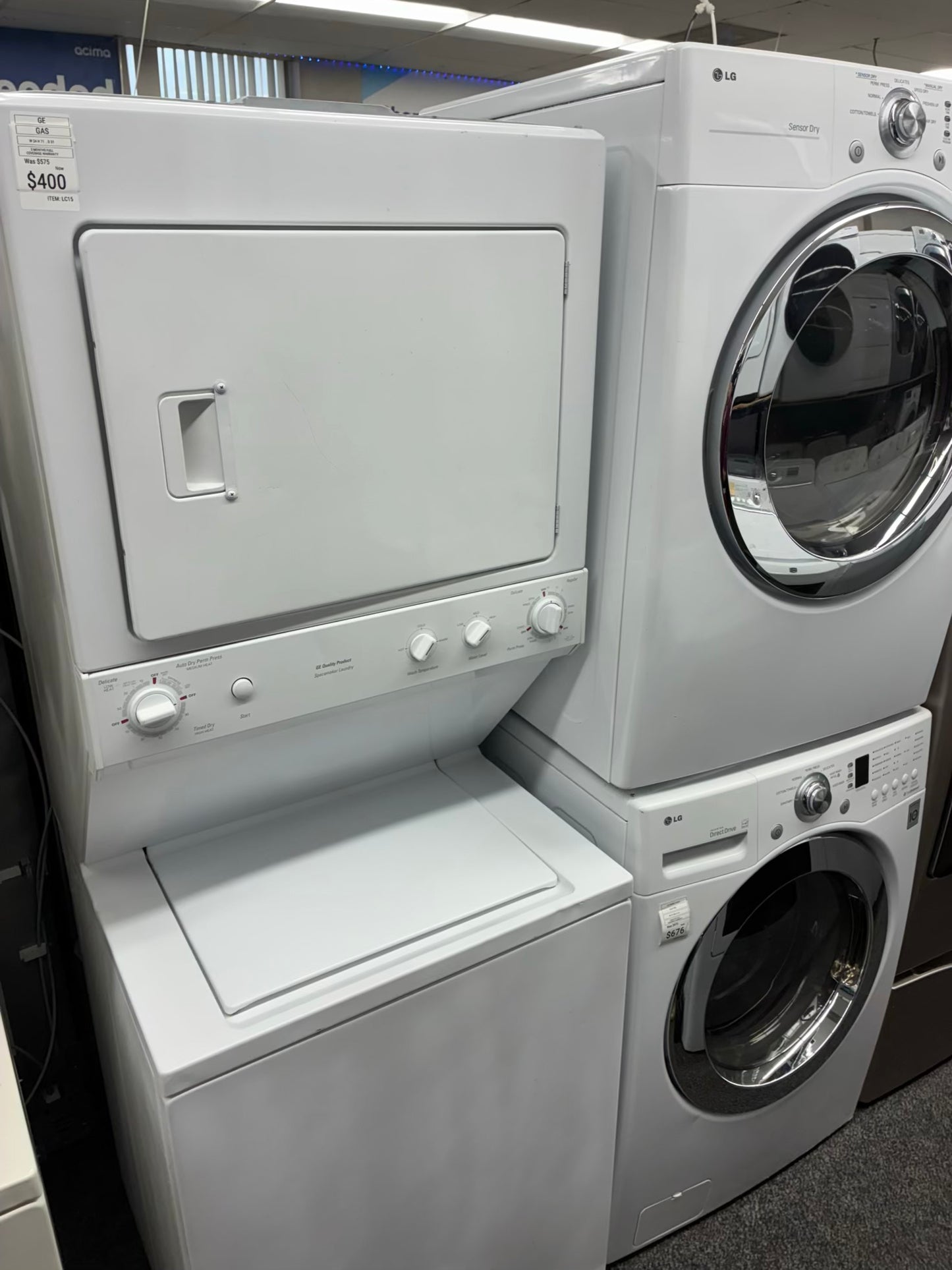 GE laundry center  washer and dryer set gas stackable 27”