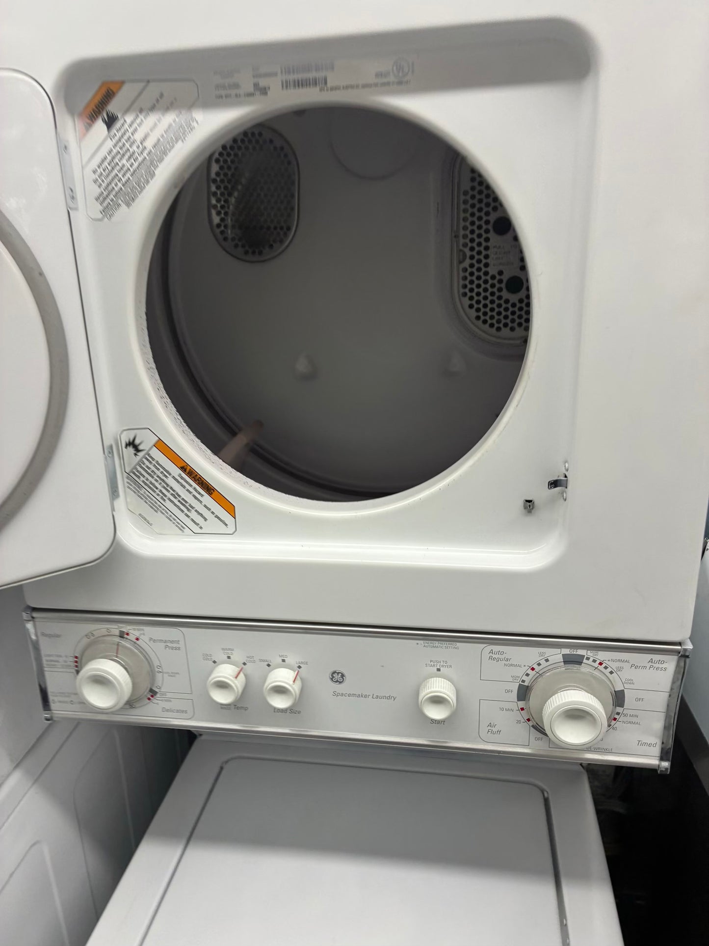 GE laundry center  washer and dryer set gas stackable 24”
